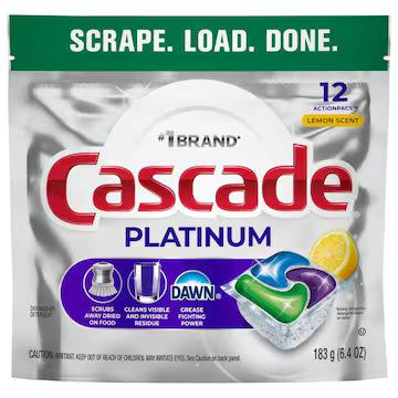 Cascade Platinum ActionPacs Lemon Scent Dishwasher Detergent 12 pods., $21.00