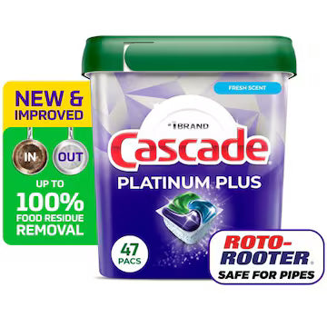 Cascade Platinum Plus Dishwasher Pods, Fresh, 47 Count., $30.00