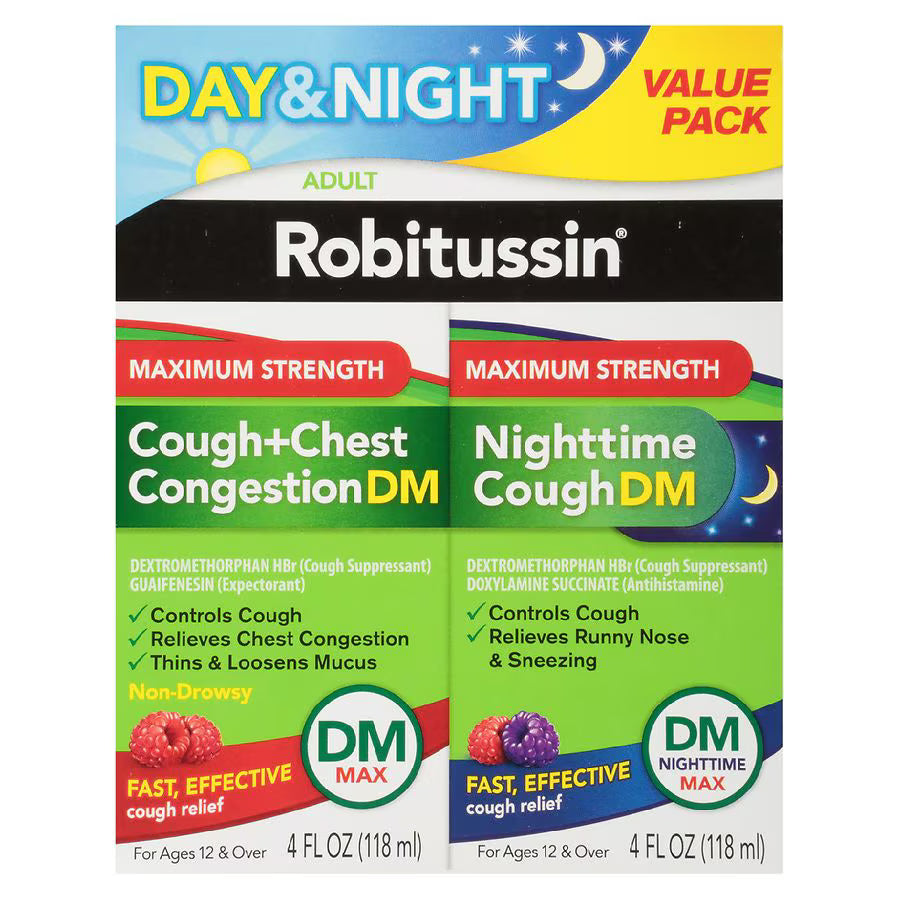 Robitussin DM Adult Maximum Strength Cough + Chest Congestion & Nighttime Cough DM Max Raspberry, Blue Raspberry, 4.0 oz 2 pk., $22.00