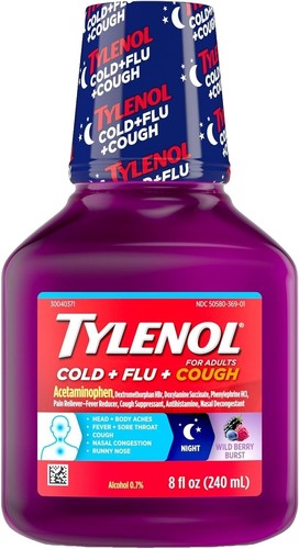 TYLENOL Cold + Flu + Cough Night Liquid Medicine Wild Berry Burst 8.0 fl oz, $15.00